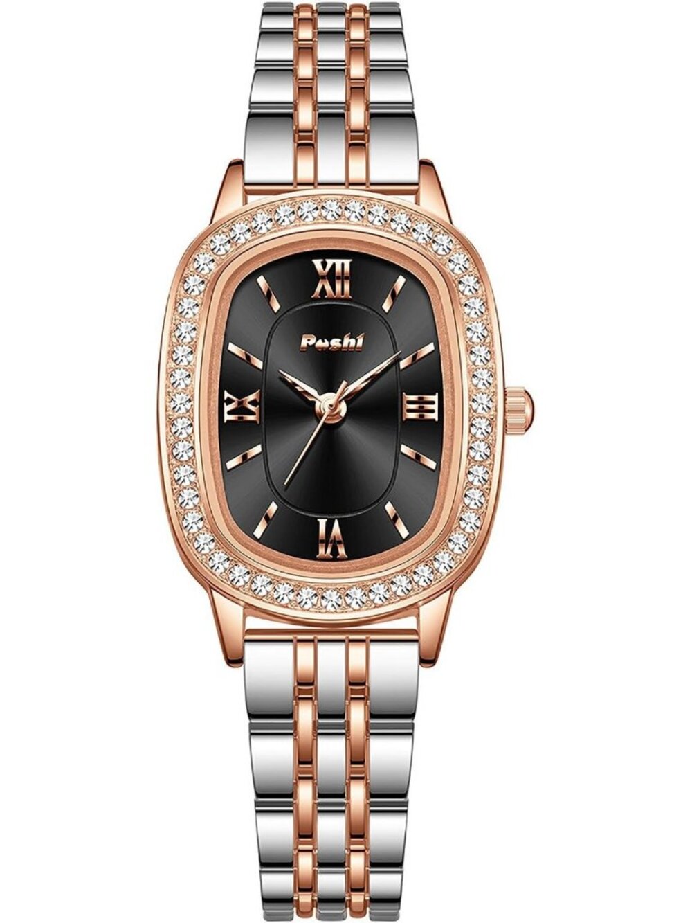 Women's Rose Gold-Black Waterproof Dainty Diamond Oval Analog Luxury Watches